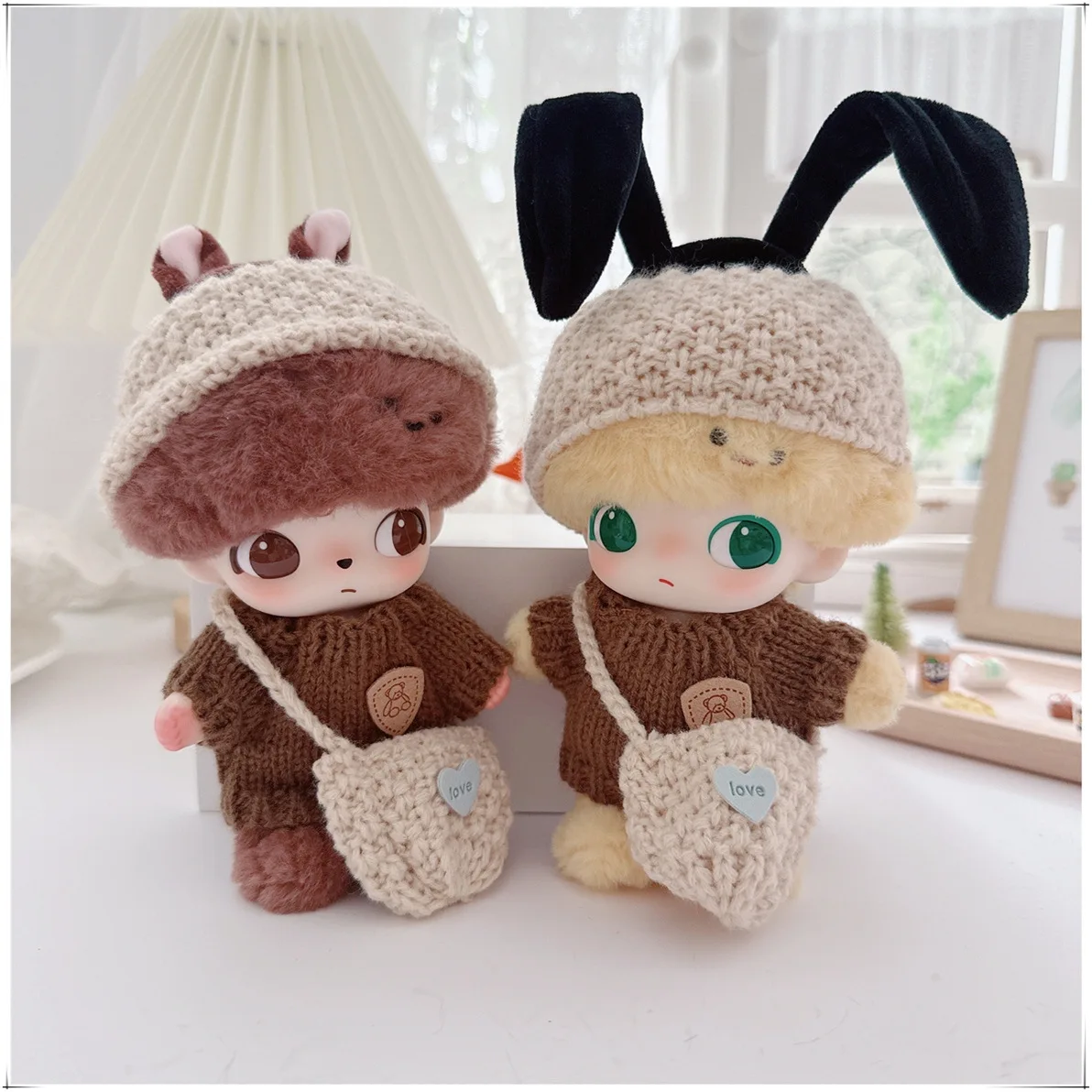 

10cm Kawaii Mini Idol Doll Clothes Cute Brown Sweater White Hat Bag Set Plush Doll Clothes Accessories Toys for Girls Gifts