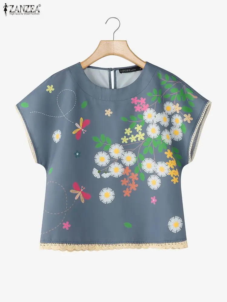 

ZANZEA, повседневные шикарные женские блузки с кружевной отделкой и цветочным принтом, лето 2023, новые топы с круглым вырезом и короткими рукавами, повседневная женская одежда
