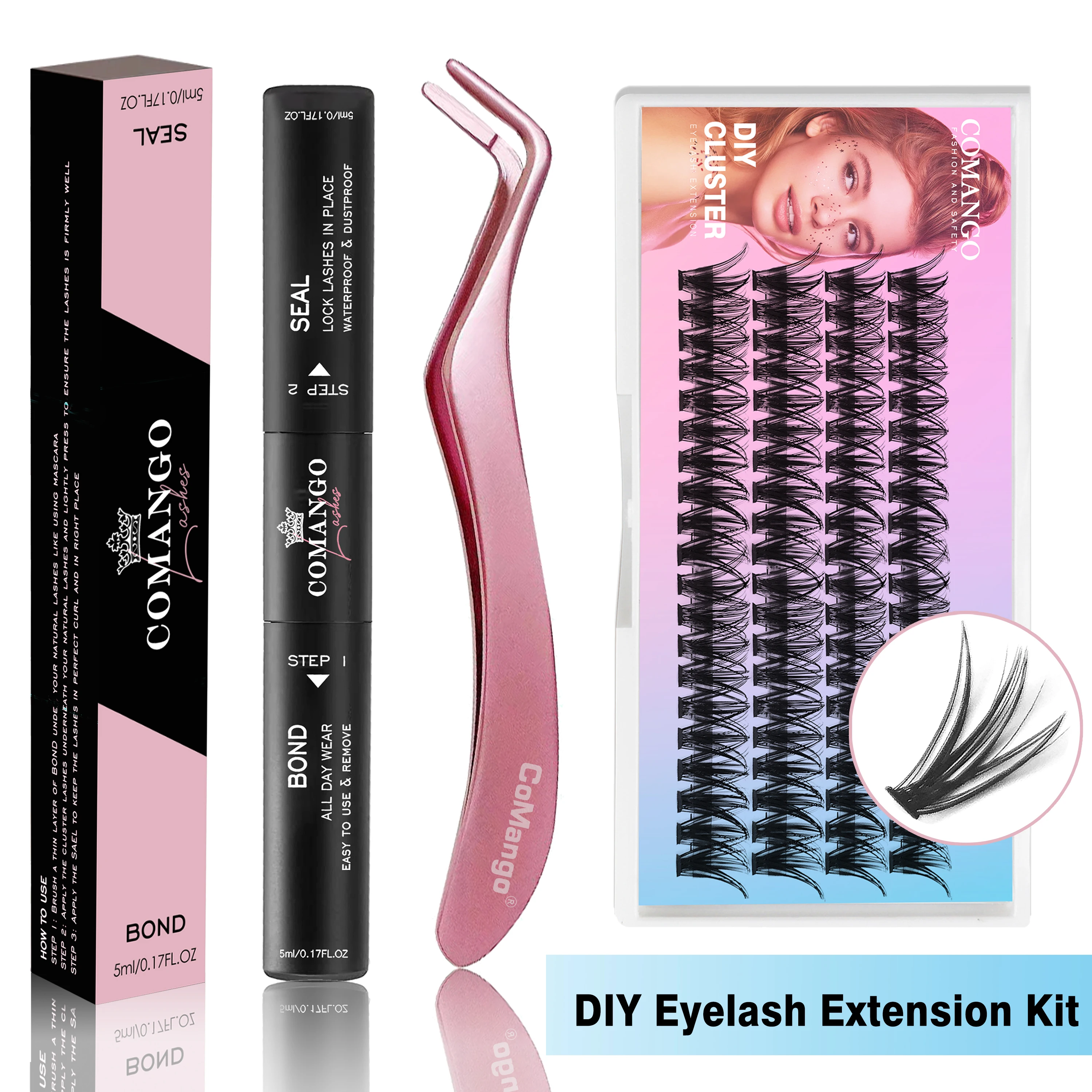 CoMango-DIY Lash Extensões Set com Wispy Lash Cluster e Cluster, Bond e Sealer, Eyelash Cluster Pinça