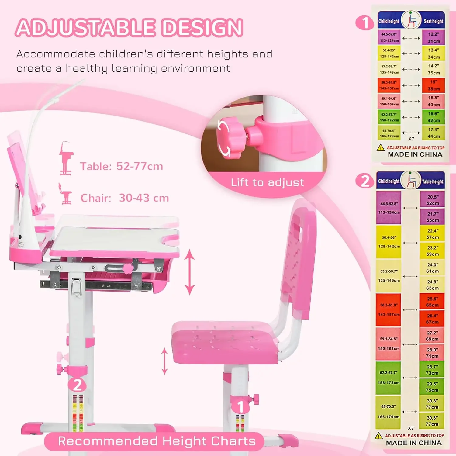 Kids Desk and Chair Set, Height Adjustable School Desk Chair Set with Tilt Desktop, USB Light, Storage Drawer for Study