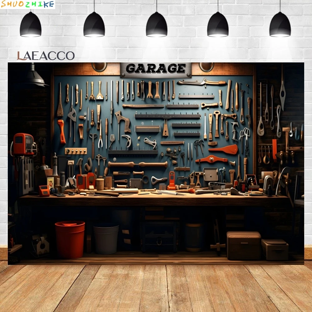 

Vintage Garage Backdrop Car Repair Tools Wood Wall Workshop Warehouse Mechanic Party Portrait Photography Background