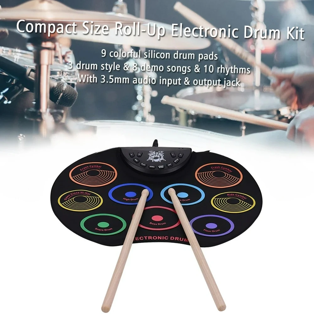 

2026 НОВАЯ компактная свернутая барабанная установка, электронная барабанная установка, 9 силиконовых барабанных подушечек, питание от USB/аккумулятора, с барабанными палочками, педали