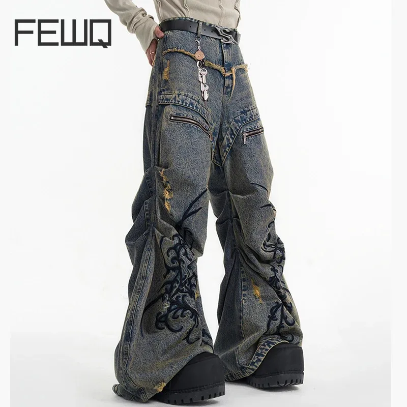 FEWQ American Men's Flared Jeans Autumn Winter Embroidered Wide Leg Floor Pants 2024 Vintage Zipper Streetwear Male Trousers