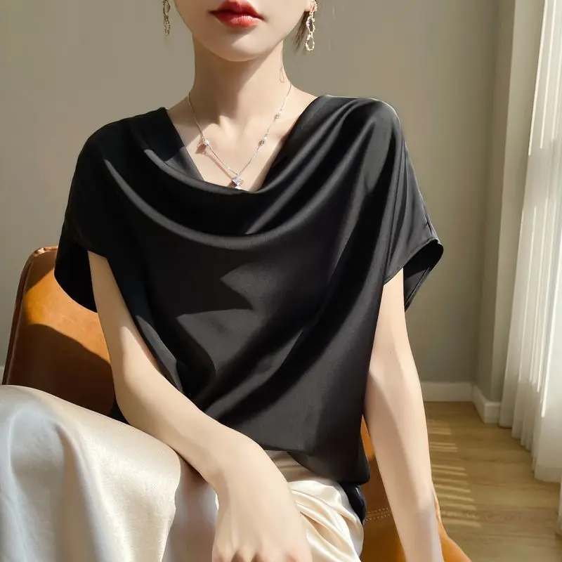 夏シックな女性の Tシャツスイングカラールーズブラウスアイスシルクサテン半袖ベーシックトップス Y2k Tシャツ白 Tシャツ女性のための