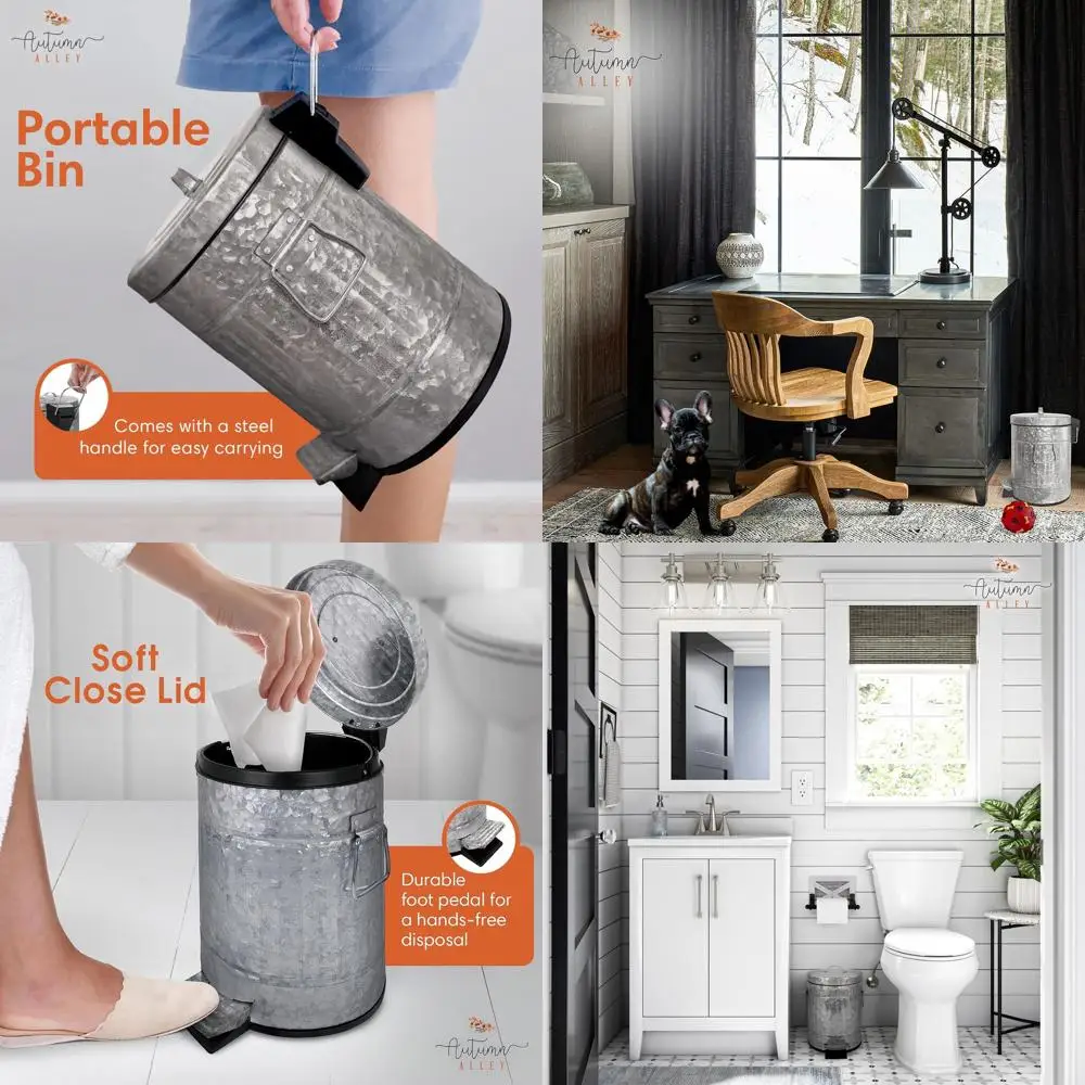 

Pet-Resistant Galvanized Trash Bin with Soft-Close Lid and Pedal for Country-Style Bathrooms, 5L Capacity