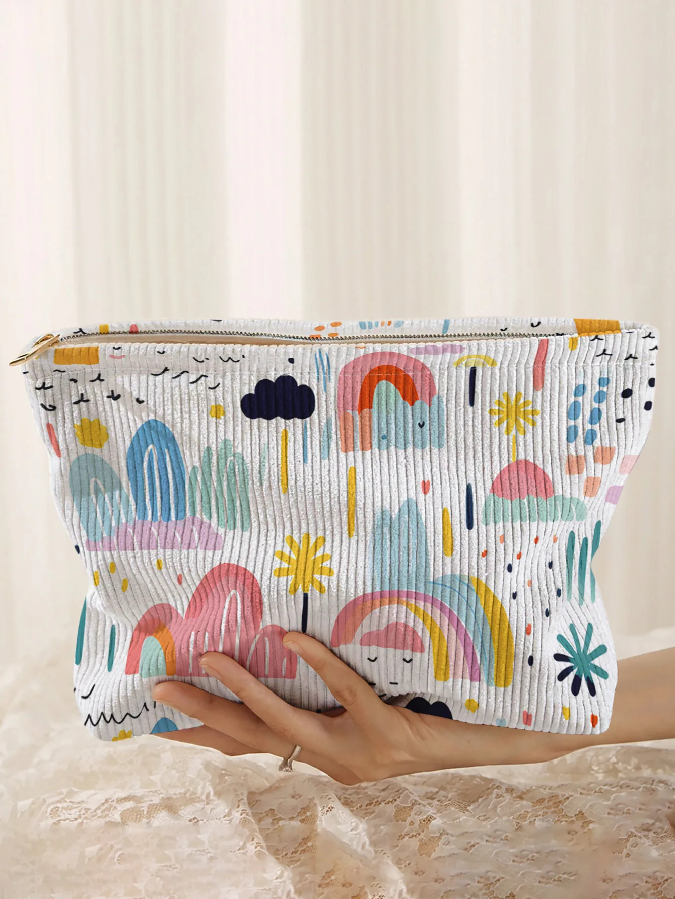Cartoon rainbow mountain cloud print corduroy makeup bag, lightweight zipper pouch, multi-purpose lined cosmetic storage bag