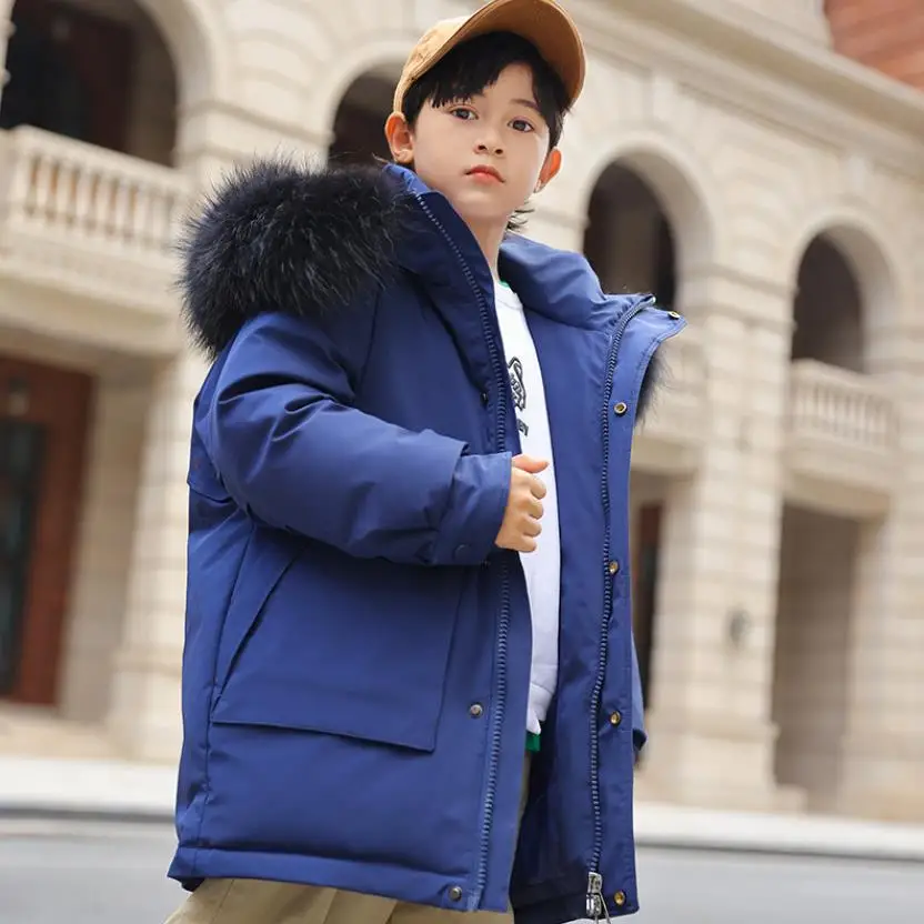 Winter New Duck Down Thermal Coat Boys Royal Blue Fashion Clothes Middle Children Hooded Down Jacket Natural Fur Collar A1965