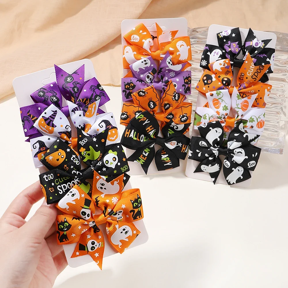 4Pcs/set Funny Pumpkin Ribbon Bowknot Hair Clip Hairpins for Girl Halloween Cheer Bow Party Hairgripe Baby Hair Accessories