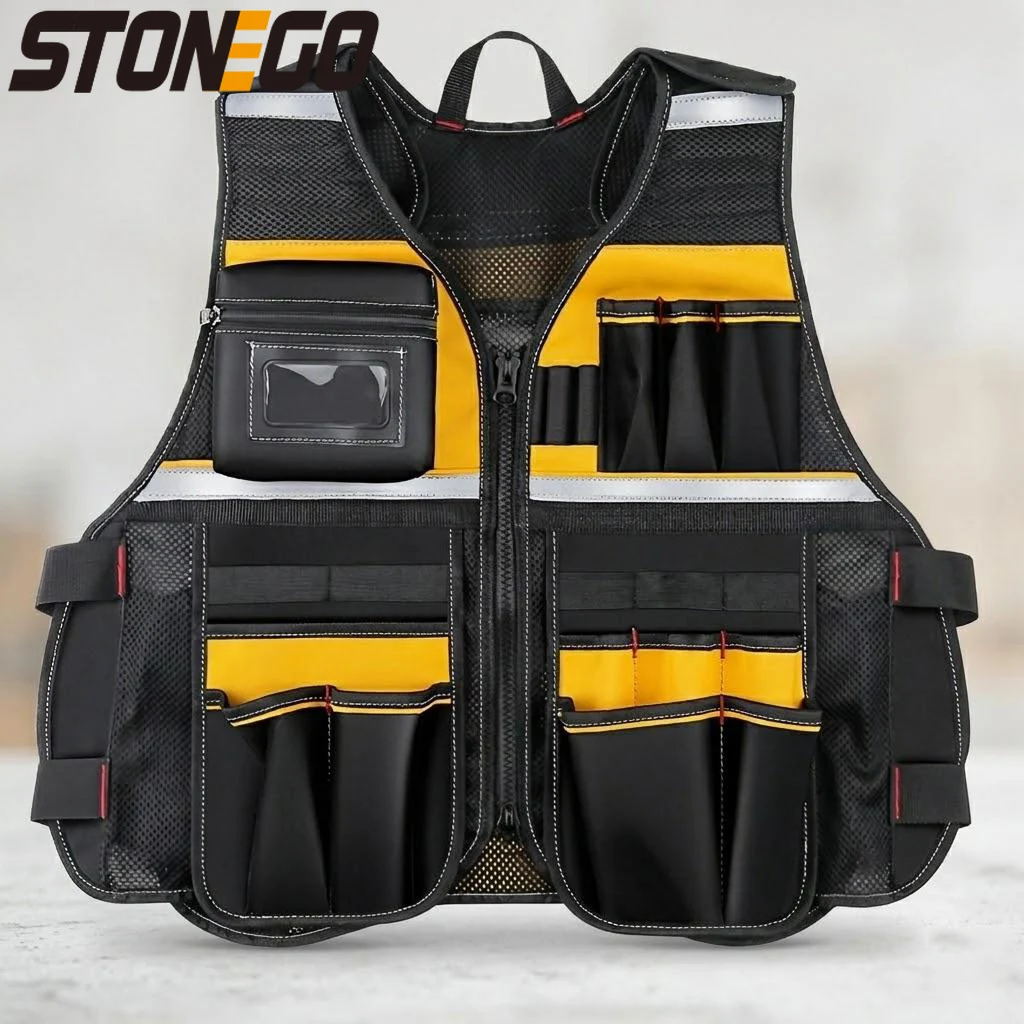 Breathable Multi Pocket Tool Storage Vest Reflective Safety Jacket Construction Gardening Auto Repair Workwear