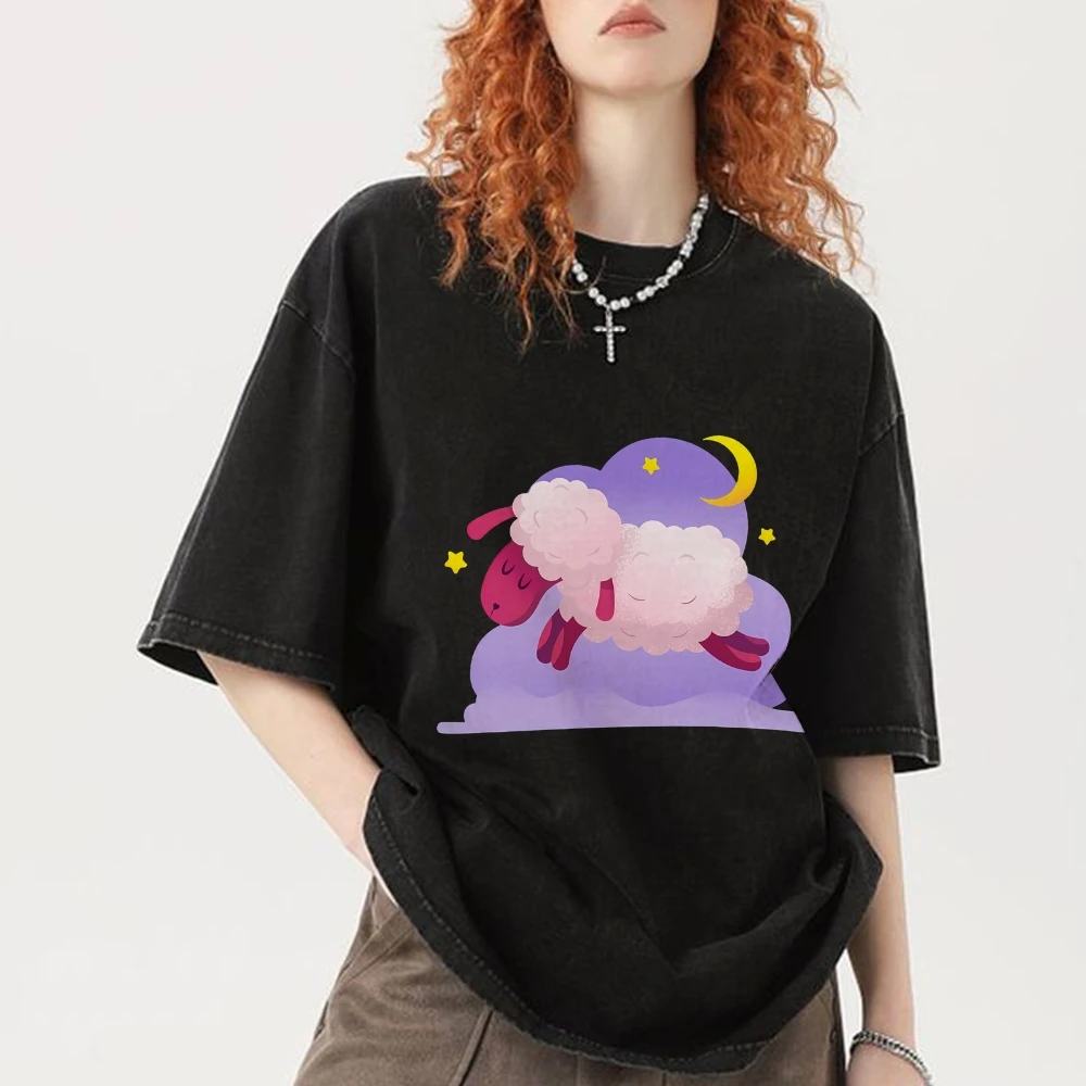 

Over Sized Summer Streetwear Tshirt Women Vintage Cotton Comfort With Sheep Graphic Fit Casual Daily Wear Style O-Neck Top