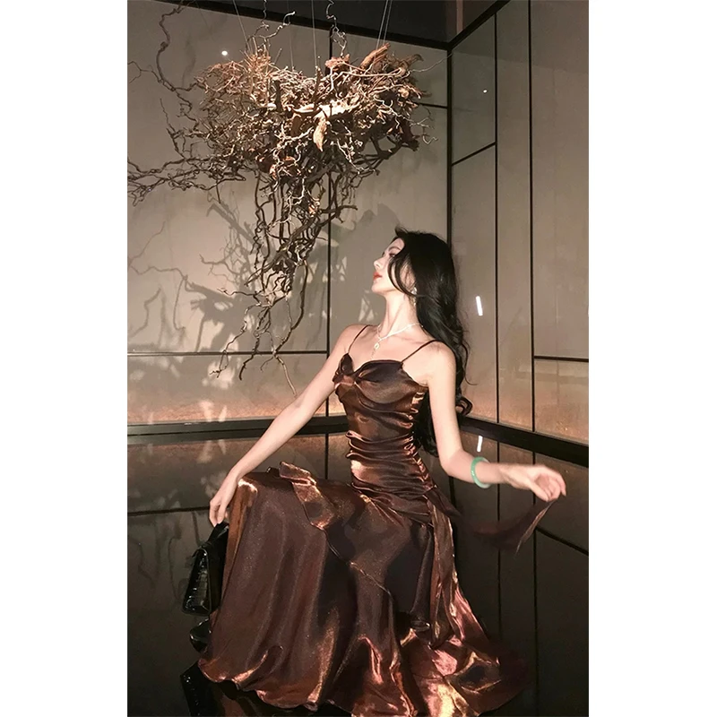 MEXZT Vintage długa sukienka damska na imprezę bal seksowny Spaghetti pasek Maxi sukienki elegancka suknia z marszczeniami lato koreański Bodycon Vestidos