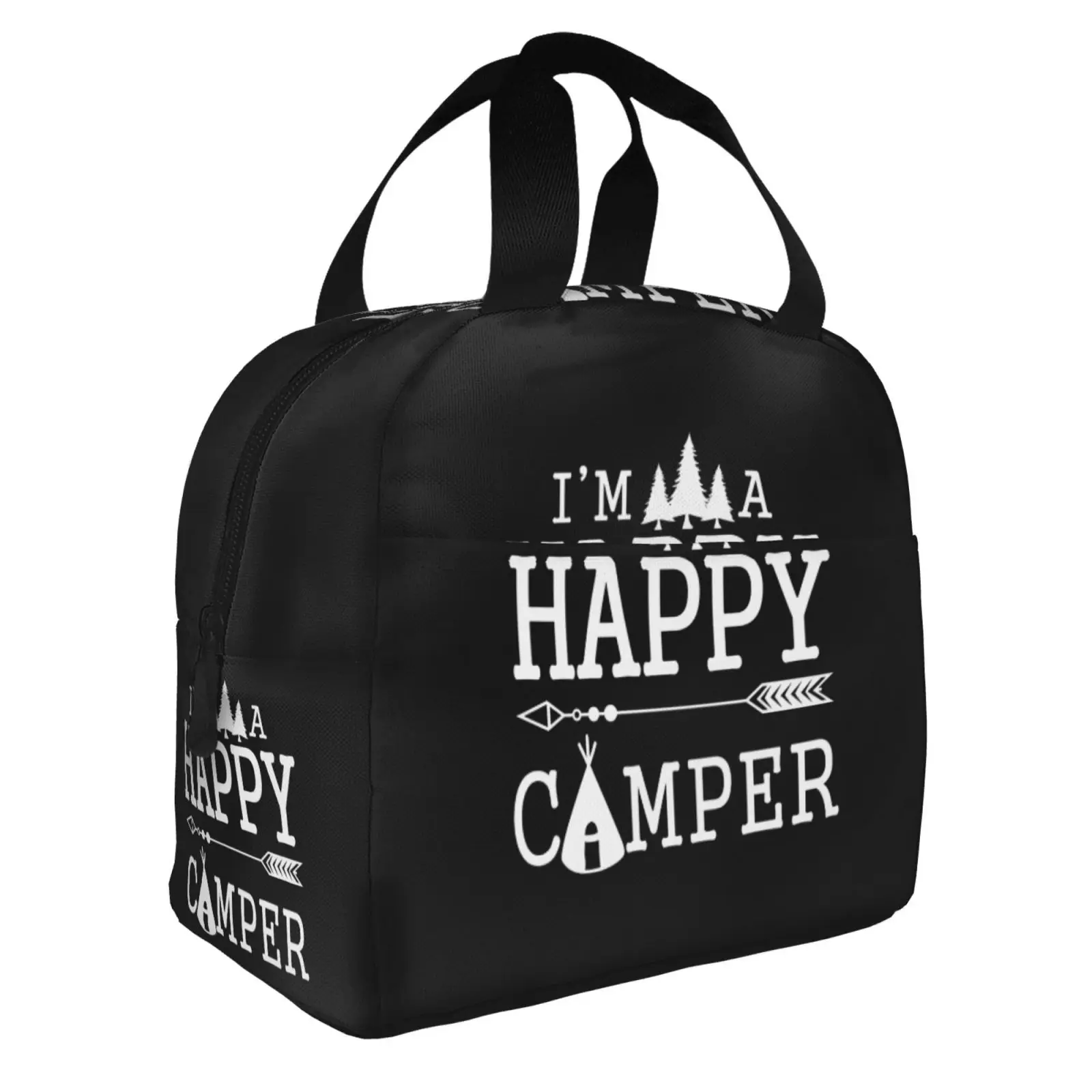 Happy Campers Text Pattern Lunch Bags Insulated Bento Box Lunch Tote Leakproof Picnic Bags Thermal Bag for Woman Girl School