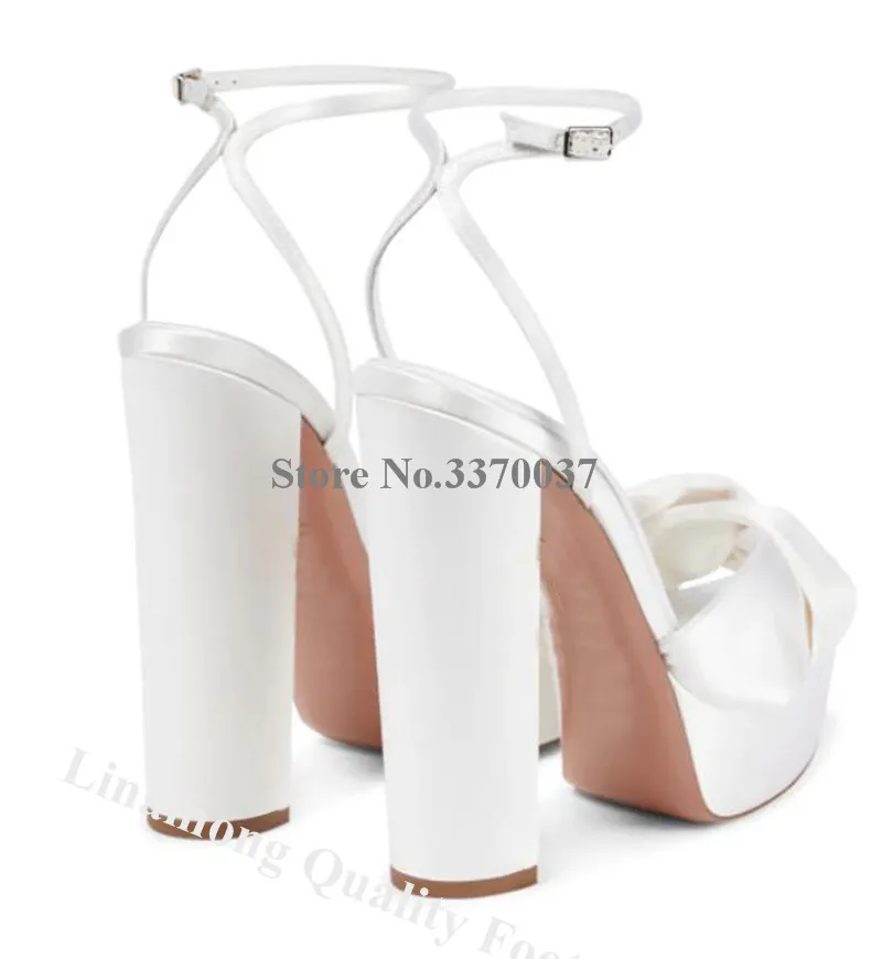 White Satin Chunky Heel Sandals Linamong Newest Bowtie High Platform Thick Heel Party Shoes Wedding Ankle Straps High Heels