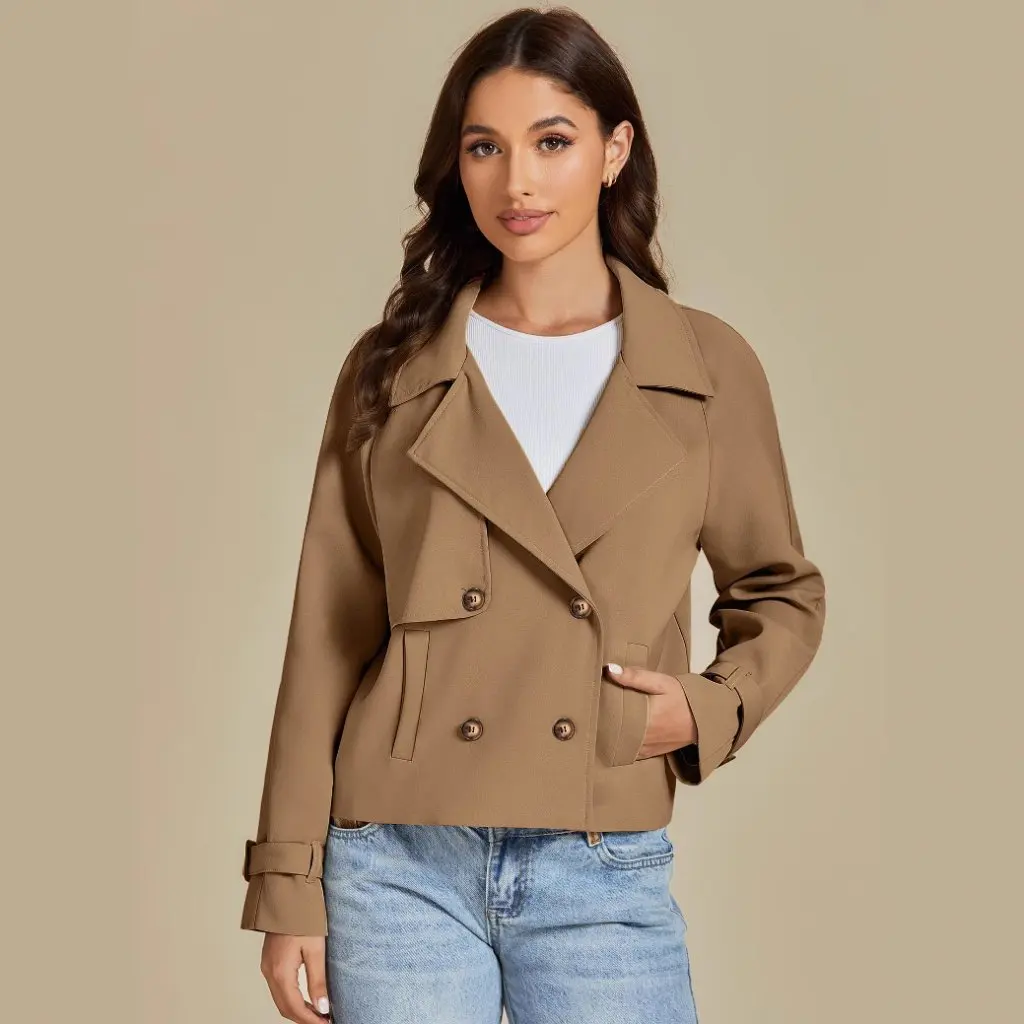 Jaket Kasual Wanita Model Double-breasted Berkerah Pendek Lengan Panjang untuk Musim Gugur dan Musim Dingin, Jaket Angin Modis
