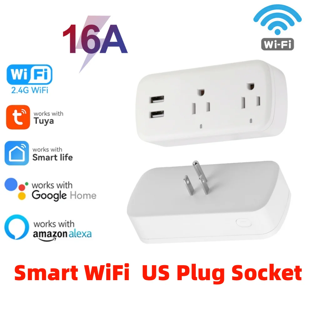 

16A Tuya WiFi Smart Socket Appliances US Plug Timing Function With 2 USB Ports APP Work With Alexa Google Home Voice Control