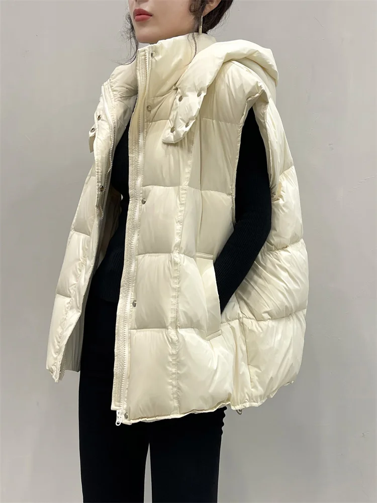 Gilet in piumino d\'anatra bianco colorato per donna giacca senza maniche antivento lucida Color caramella con cappuccio da donna