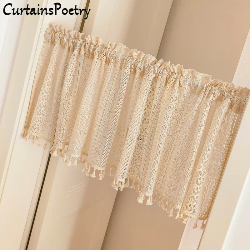 

Boho Sheer Curtain Valance Crochet Lace with Bohemian Hollow Knitted Handmade Tassel Short Farmhouse Window Treatment Rod Pocket
