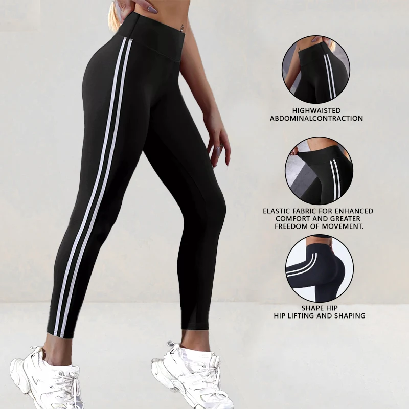 Women's Hip Lift High Waist Yoga Leggings Lightweight Gym Running Fitness Casual Daily Wear White Stripes Elastic Sports Pants