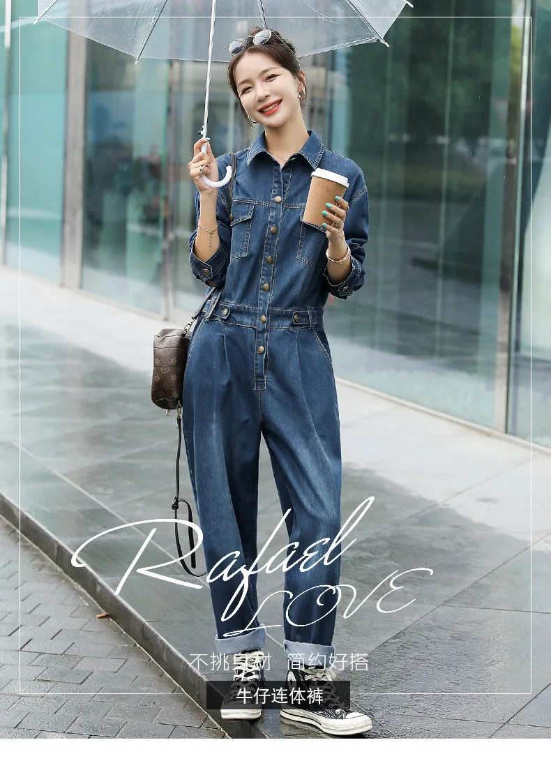 Autumn Overalls for Women Denim Jumpsuit Long Sleeve Bandage Streetwear Hip Hop Straight Cowboy One Piece Jeans Sets Overalls