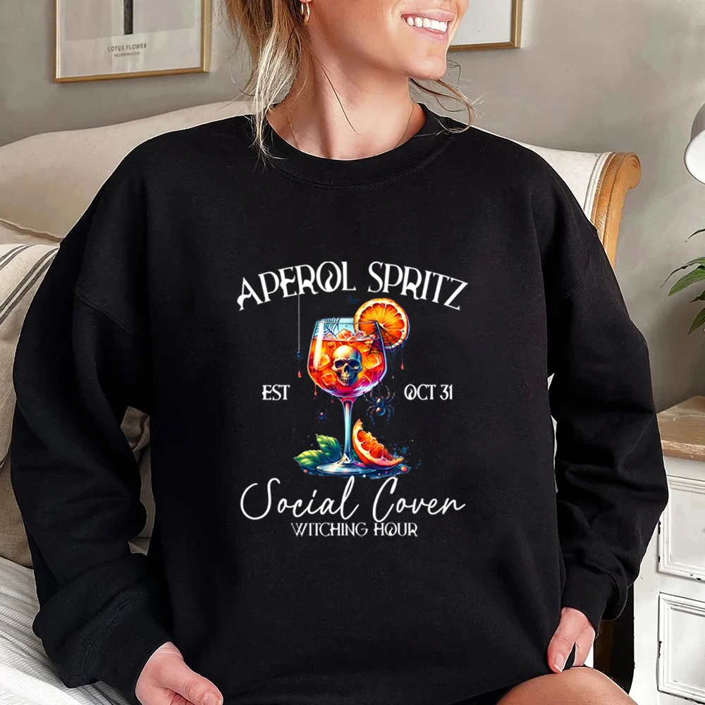 Aesthetic Aperol Spritz Halloween Sweatshirt Spooky Halloween Hoodie Cocktail Sweater Wine Club Shirts Unisex Casual Sweatshirts