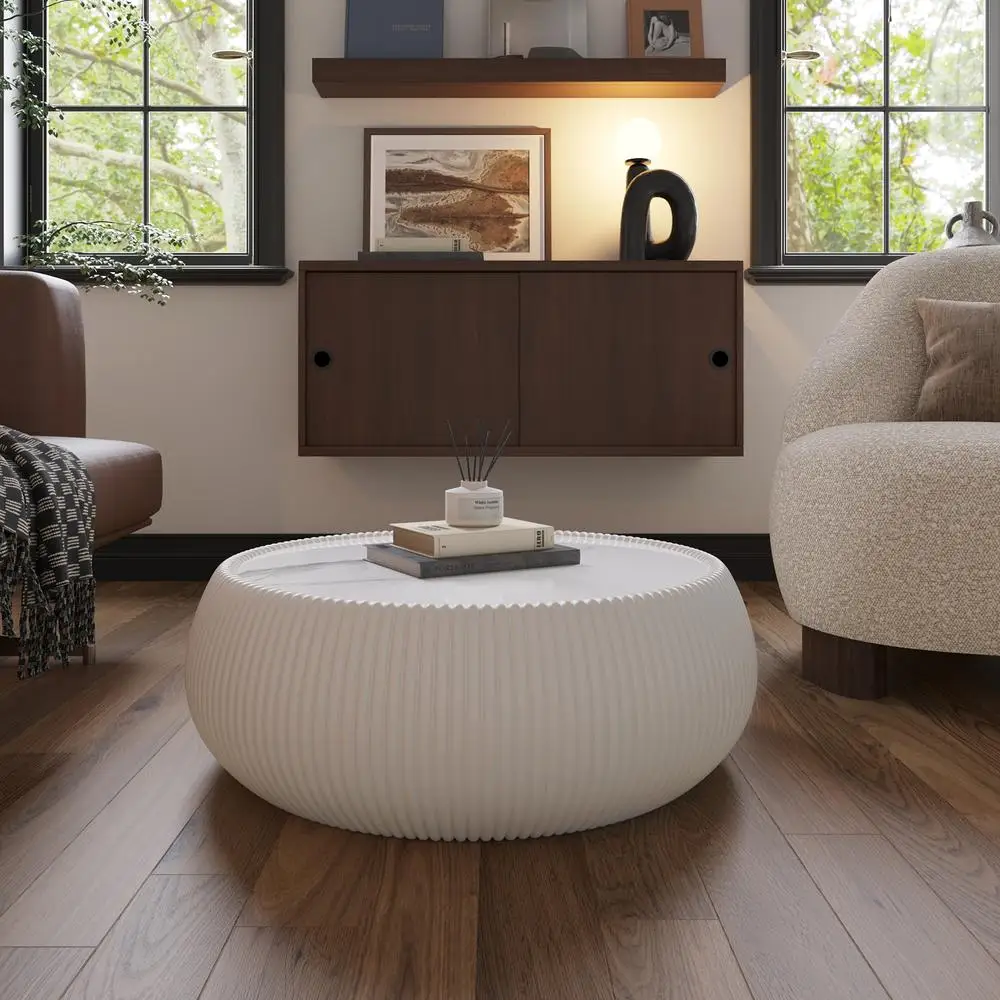 Table basse en cuir en forme de tambour, dessus en marbre clair, Table d'appoint de canapé moderne, aucun assemblage requis
