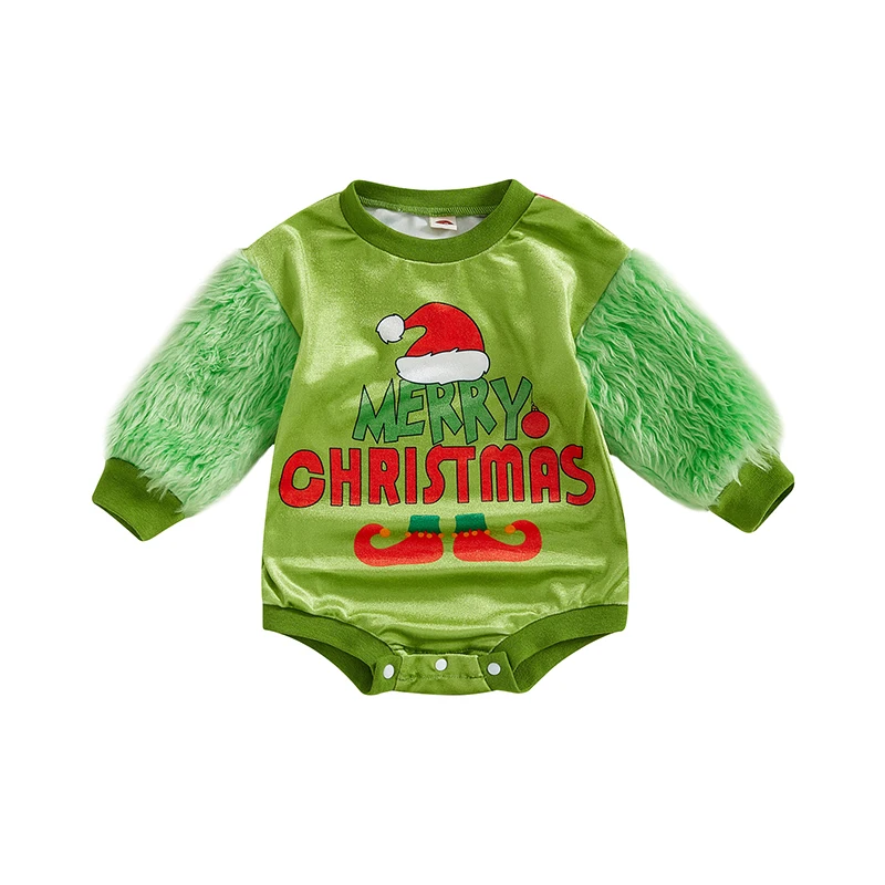 

Baby Christmas Fleece Jumpsuit Letter Print Round Neck Long Sleeve Romper Adorable Plush Bodysuits