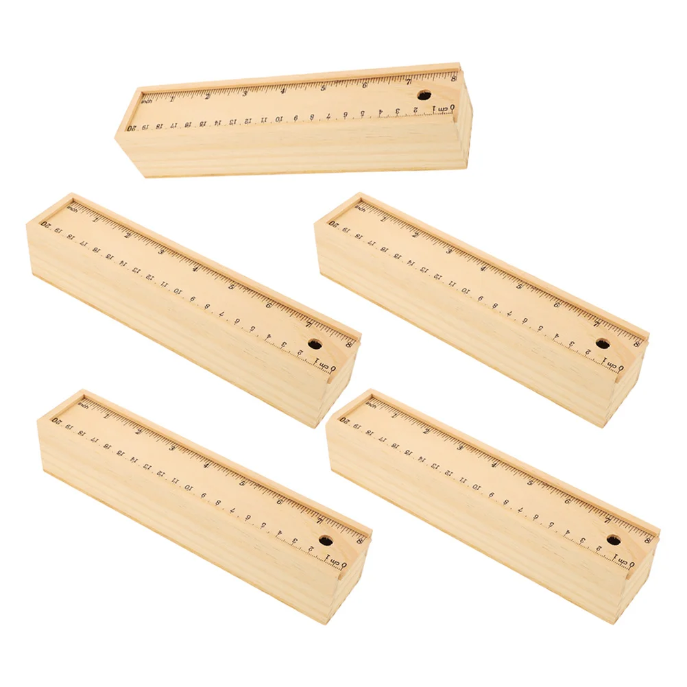 5Pcs Wooden Sliding Pencil Box Builtin Ruler Multifunction Stationery Organizer Compact Wood Pencil Case for Students Office