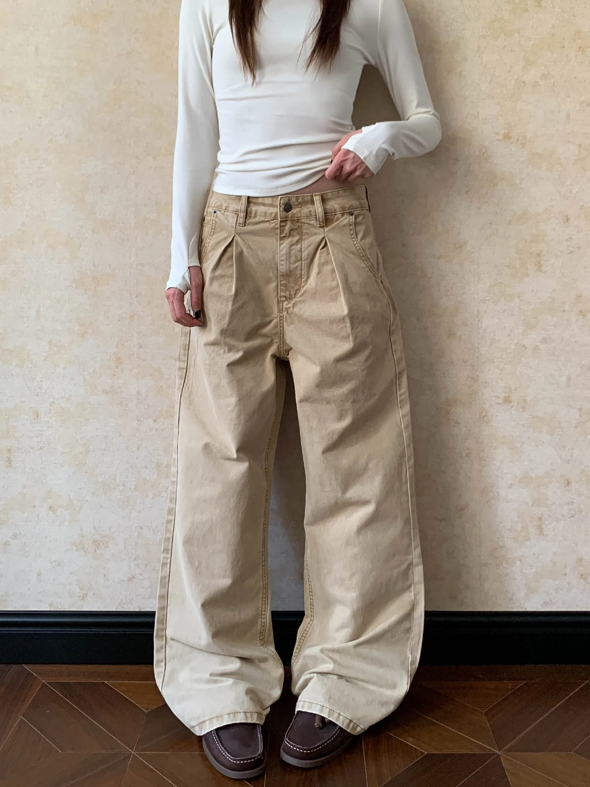 

Женские удобные хлопковые джинсы Aket в американском ретро-стиле, цвета хаки, плиссированные, прямого кроя, свободные, винтажные, для повседневной носки, с 3D-пошивом, в стиле рабочей одежды