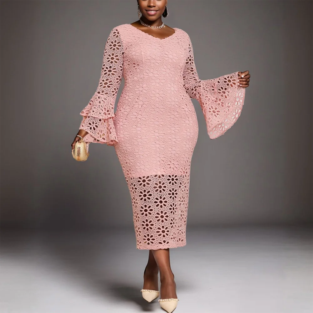 

Elegant Pink Lace Dresses for Woman V Neck Flare Sleeve Hollow Out Sheath Mid Calf Luxury Laides Birthday Party Dinner Vestidos