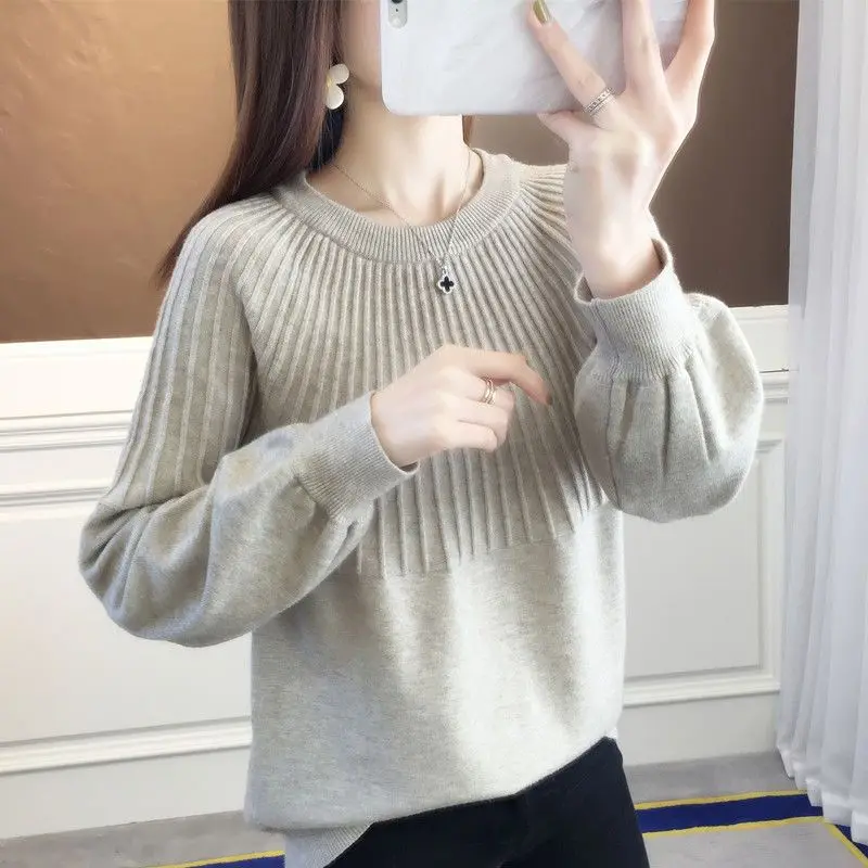 Autumn Winter Lantern Long Sleeve Round Neck Women\'s Clothing Solid Color Pullover Sweater Knitted Elegant Fashionable Tops