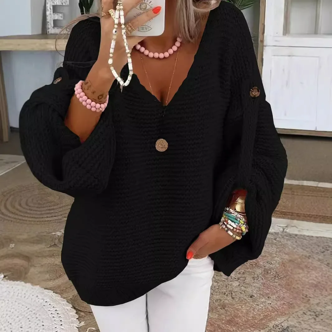 Pull tricoté décontracté à col en V, mode automne-hiver, bouton chaud, pull de banlieue élégant, solide, réglable, manches longues