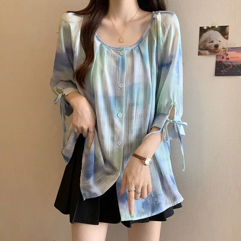 

Casual Tie Dye O-Neck Shirt Female Clothing Stylish Drawstring Bow Summer Thin Commute Single-breasted Loose Short Sleeve Blouse