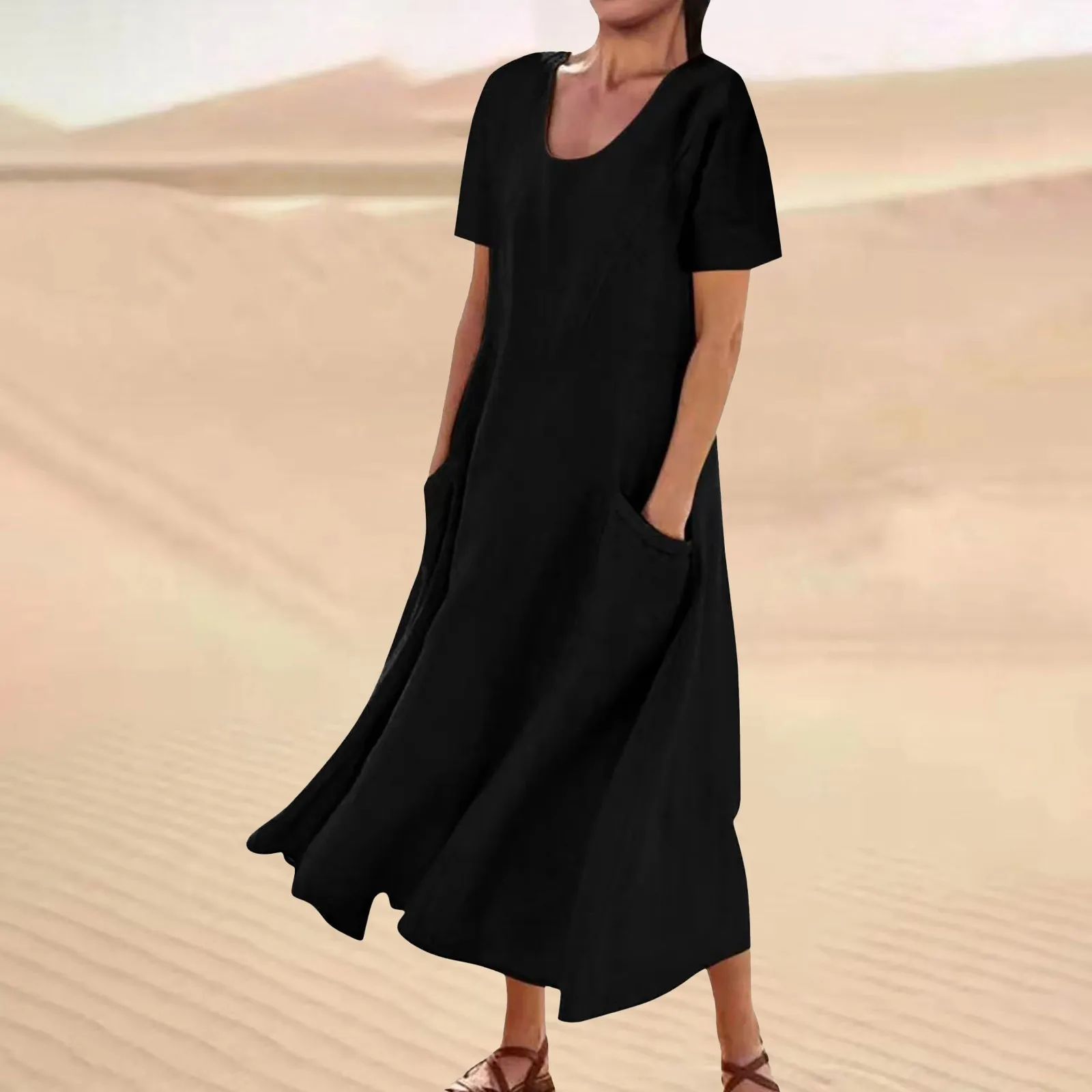 Women Casual Solid Dress Round Neck Short Sleeve Pocket Dress Splice Loose Dress Woman Maxi Dresses