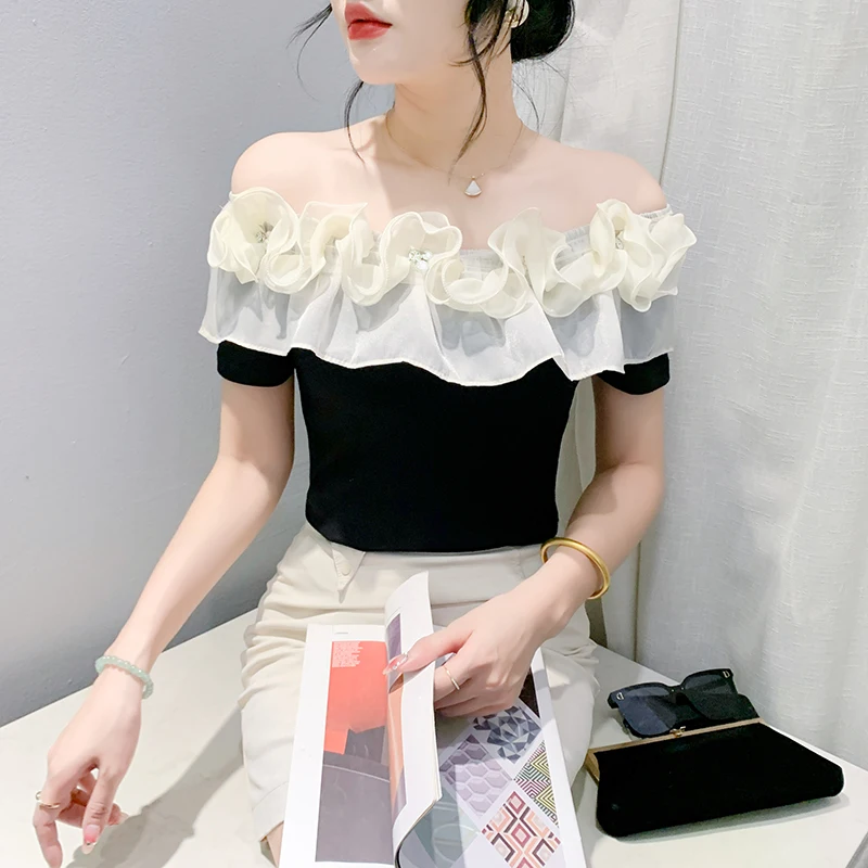 Black Summer Korean Style Cotton T-Shirt Sexy Off Shoulder Ruffles Patchwork Beading Women Tops Short Sleeve Tees 2024 New 4462