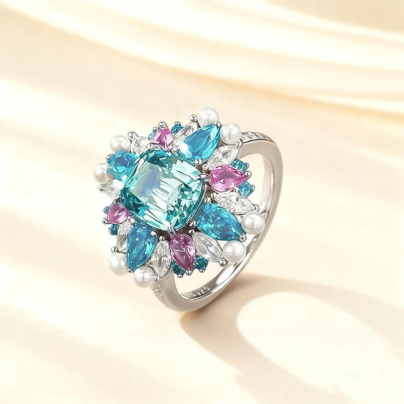 Secret Garden Collection High Jewelry Replica 925 Silver Blue Green Tourmaline Pearl Cocktail Ring Rainbow Gemstone Finger Band