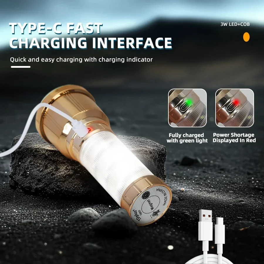 ไฟฉาย LED พลังงานสูง ไฟฉายตั้งแคมป์พร้อมไฟด้านข้าง ชาร์จ USB ได้ ใช้ในกรณีฉุกเฉิน พกพาสะดวก โคมไฟมือถือ 5 โหมดแสงสว่าง