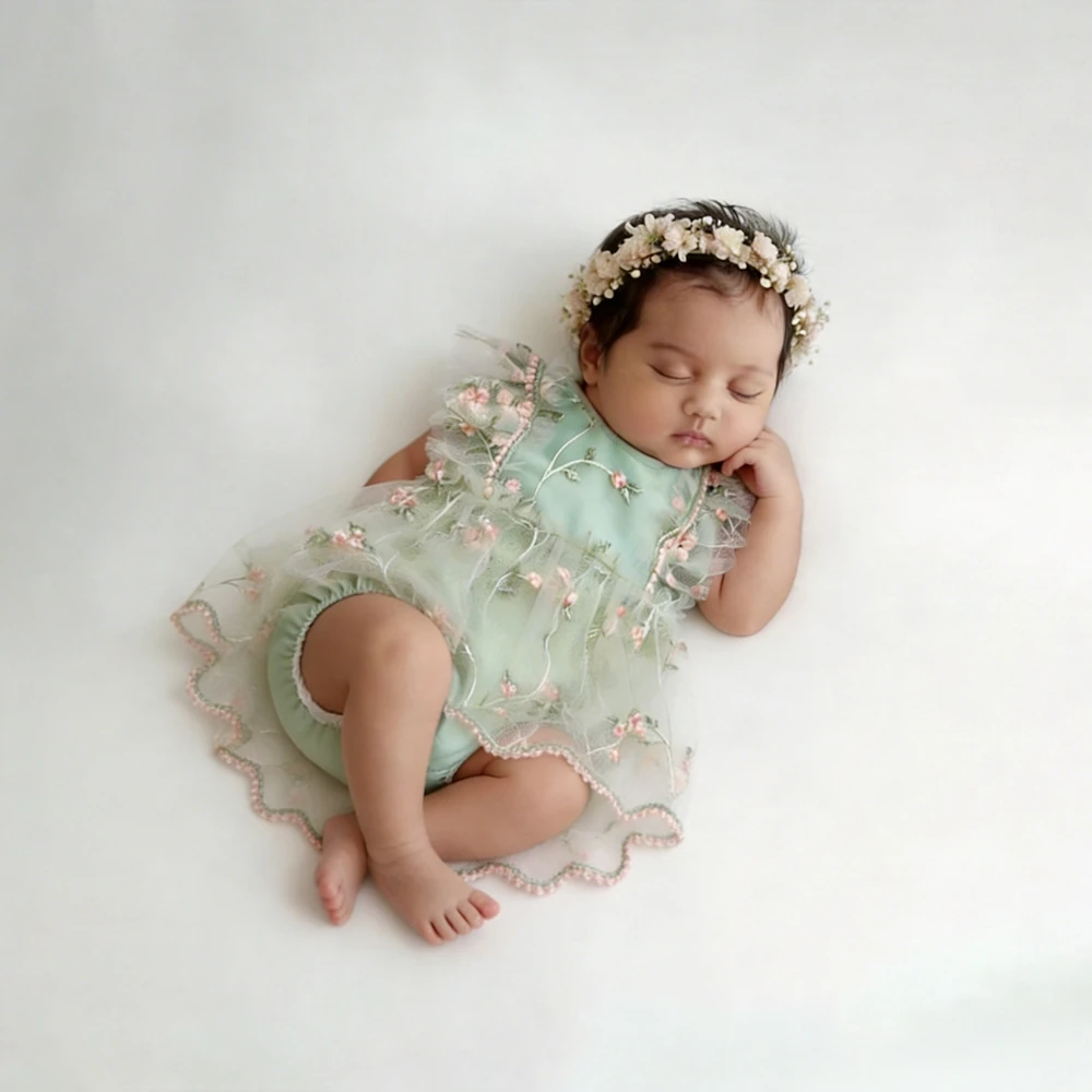 Newborn Girl Photography Romper Embroidered Floral Tulle Outfit Newborn Photo Shoot Outfit Boho Newborn Photoshoot Outfits