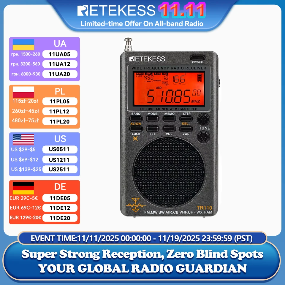 Retekess TR110 휴대용라디오 SSB 단파 라디오  fm라디오 MW SW LSB AIR CB VHF UHF UBD WX 풀밴드, NOAA 경고 디지털 라디오 리시버,미니 라디오,야외,스테레오 선물용