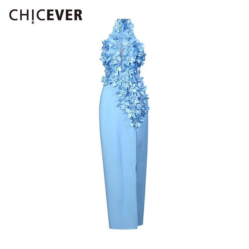 

CHICEVER Solid Spliced 3D Flowers Luxury Dress Female Halter Sleeveless Slimming French Elegant Women's Dresses Summer Fashion