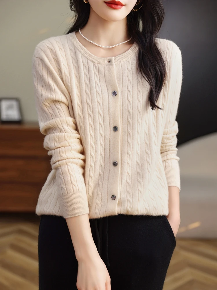 Women Merino Wool Sweater O-neck Twisted Cardigan Autumn Winter Cashmere Casual Knitwear Long Sleeve Soft Jacket Bottoming Tops