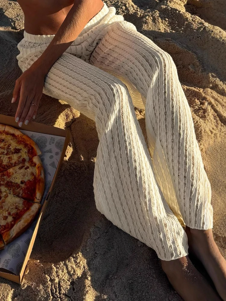 

Вязаные повседневные брюки с вырезами, женские свободные прямые брюки с низкой посадкой Y2k, эстетические праздничные брюки, новые летние прямые брюки