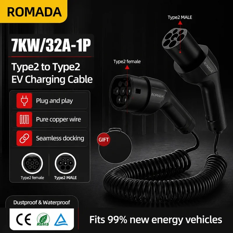 7KW Potable Electric Vehicle Charging Gun 32A 1Phase Electric Vehicle Cord 5M Type 2 EVSE Charging Station Plug Spring Wire