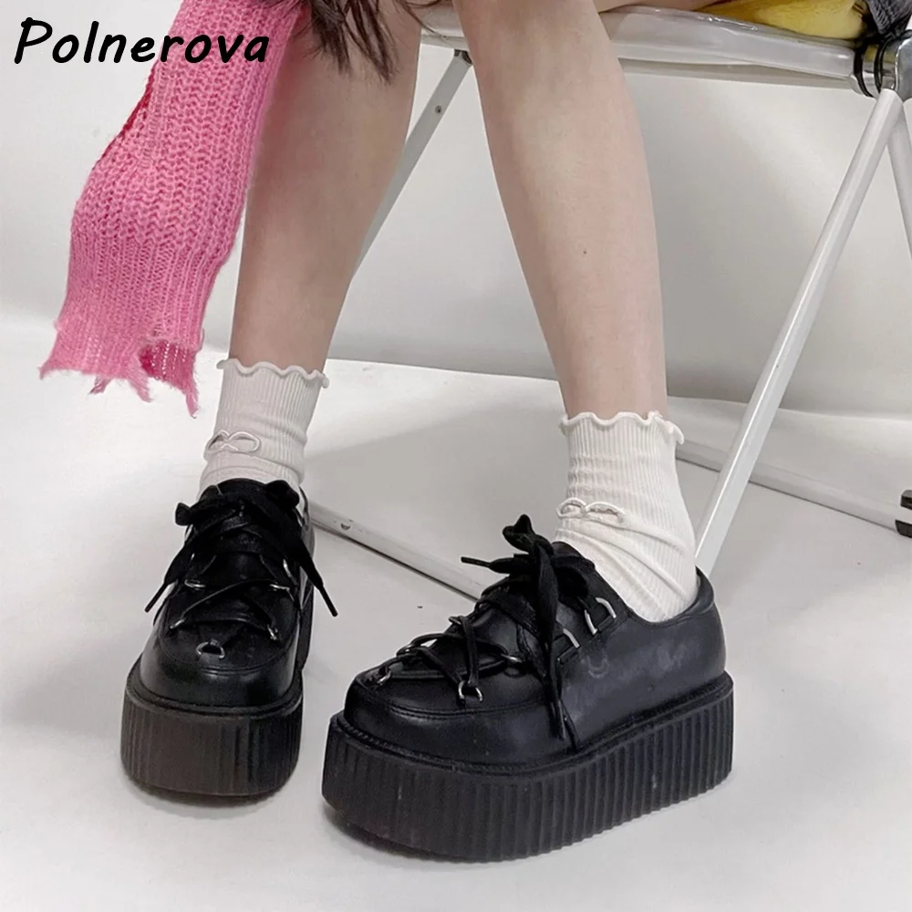 Cross Tied Pentagram Black Pumps Thick Soled Leather Lace Up Round Toe Shallow Lovely Shoes Women's Leisure Concise Solid Shoes