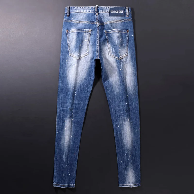 Street Fashion Men Jeans Retro Washed Blue Elastic Stretch Slim Fit Ripped Jeans Men Vintage Designer Denim Pencil Pants Hombre