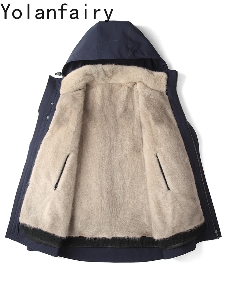 YOLANFAIRY High Quality Real Fur Parkas Mid-length Hooded Winter Luxury Detachable Mink Fur Liner Jacket Warm Natural Fur Coat