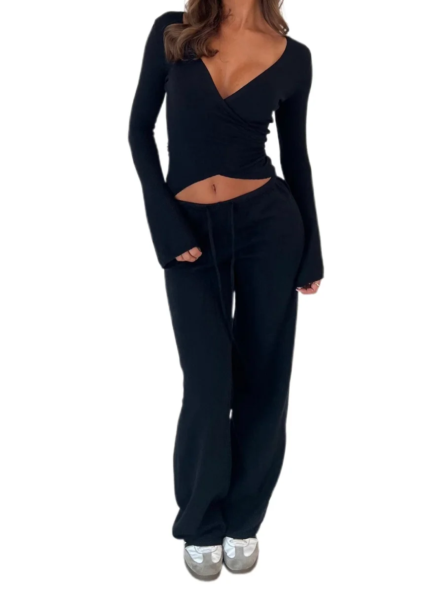 wsevypo Women 2-piece Tops Pants Sets Solid Color Long Sleeve Waist Tied Cropped T-shirt and Elastic Waist Pants Loungewear Set