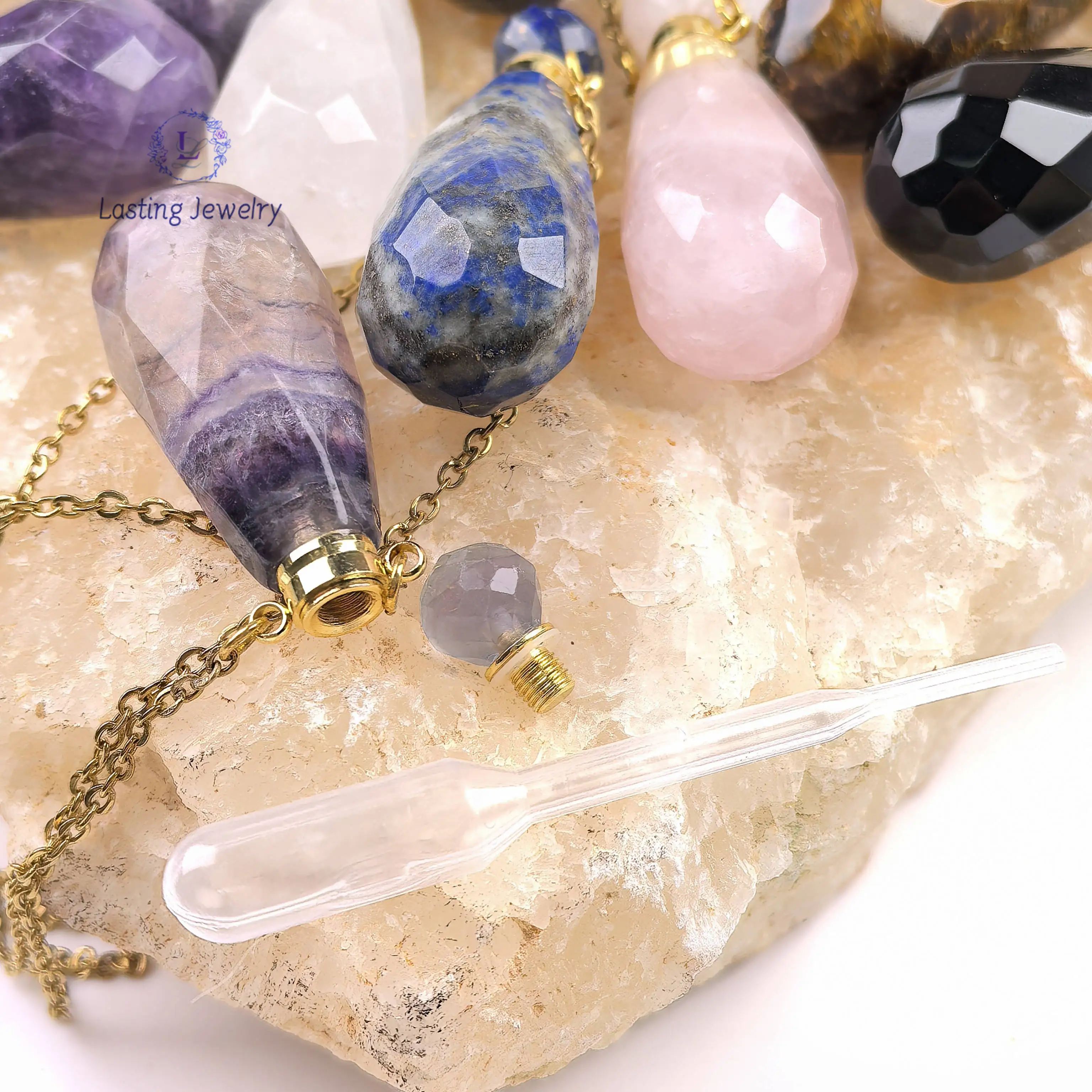 Healing Crystal Drop Perfume Bottle Pendant Necklace,Rose Quartz Obsidian Amethyst Essential Oil Diffuser Vial Charms Jewelry