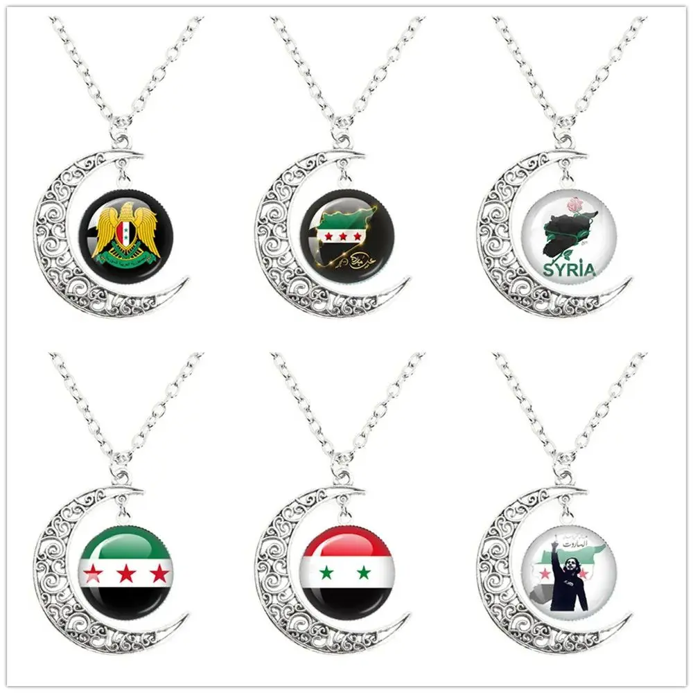 Fashion Syria National Flag The Moon Glass Cabochon Pendant Handmade Necklace Designed Charm Women Jewelry Gift