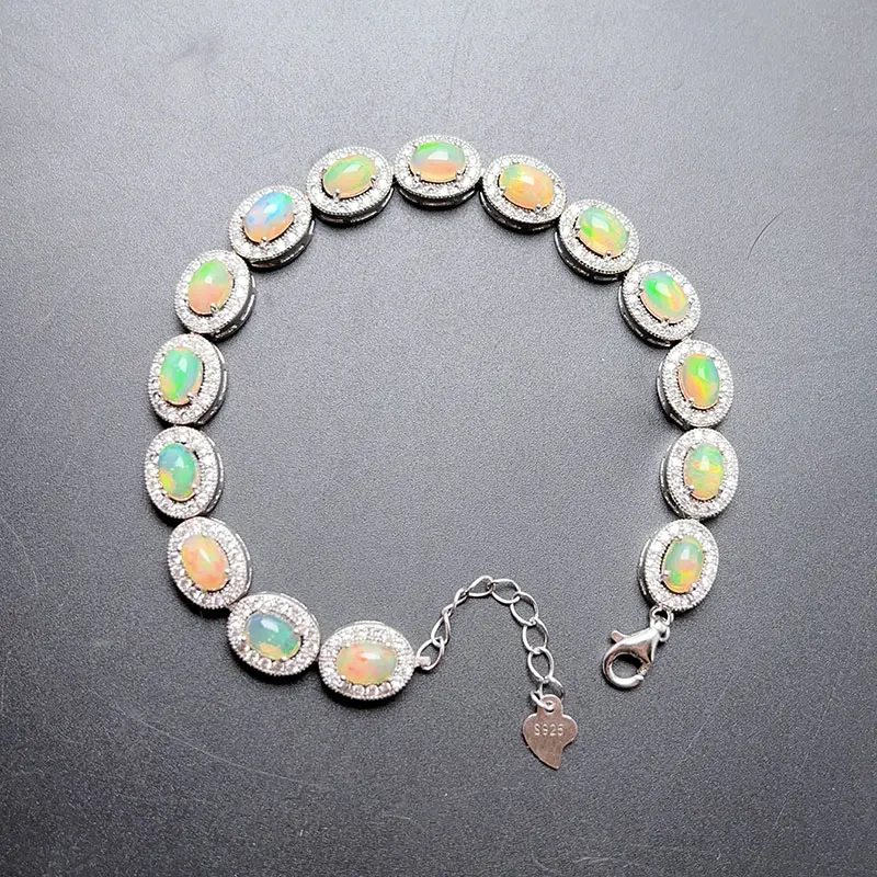 Sterling Silver Opal Bracelet for Office Woman 4*6mm 12ct Natural Opal 925 Silver Bracelet with 3 Layers 18K Gold Plated Jewelry