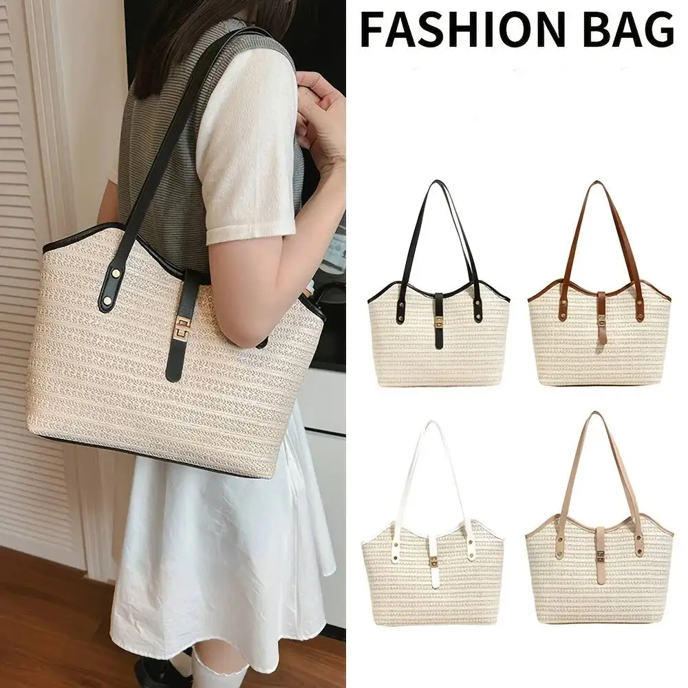 New Style Solid Fashionable Straw Woven With Contrasting Color Stitching Design Women Versatile Large-capacity Simple Casual